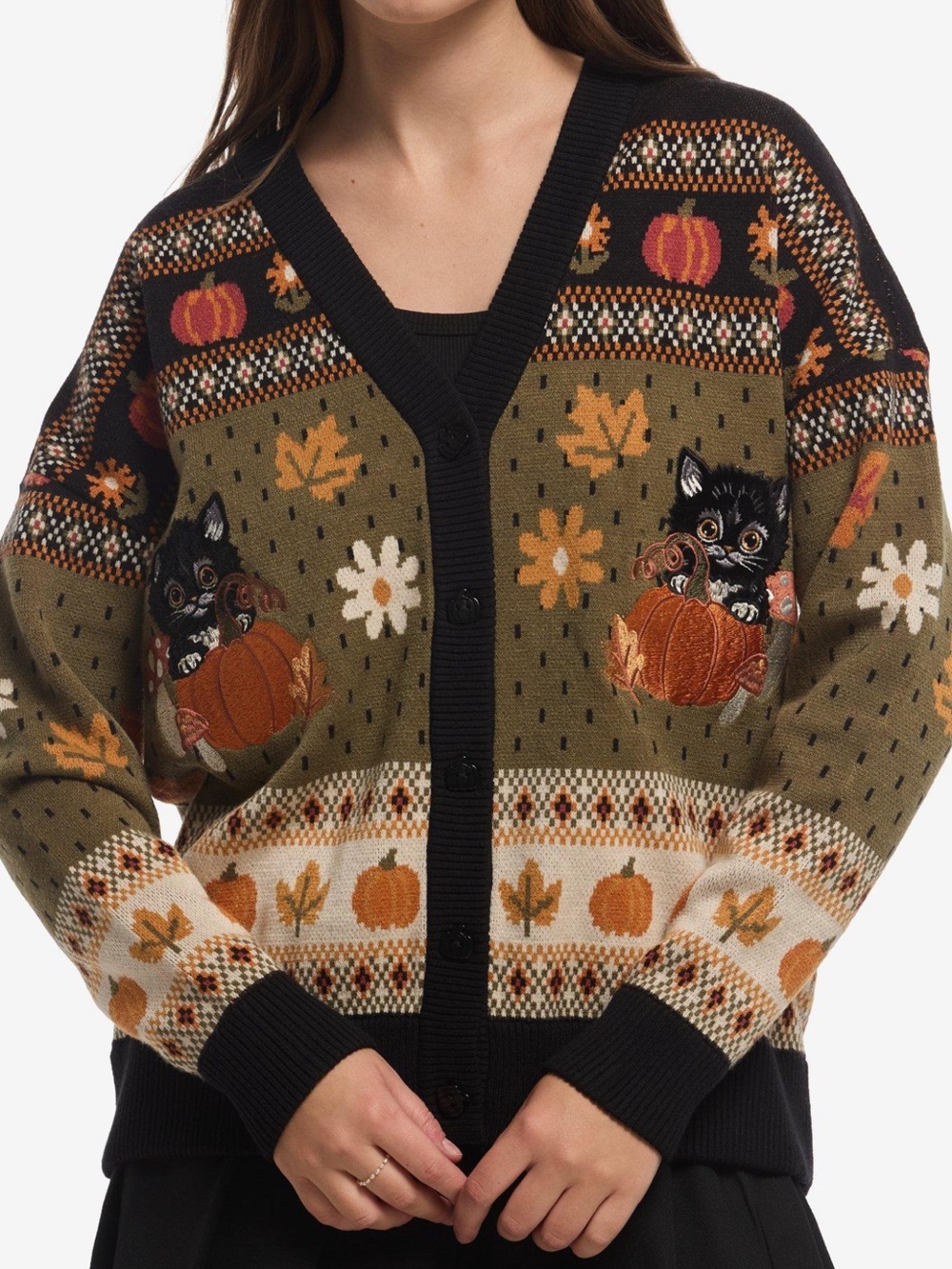 Hot Topic Black Olive Cat & Pumpkin Knit Cardigan